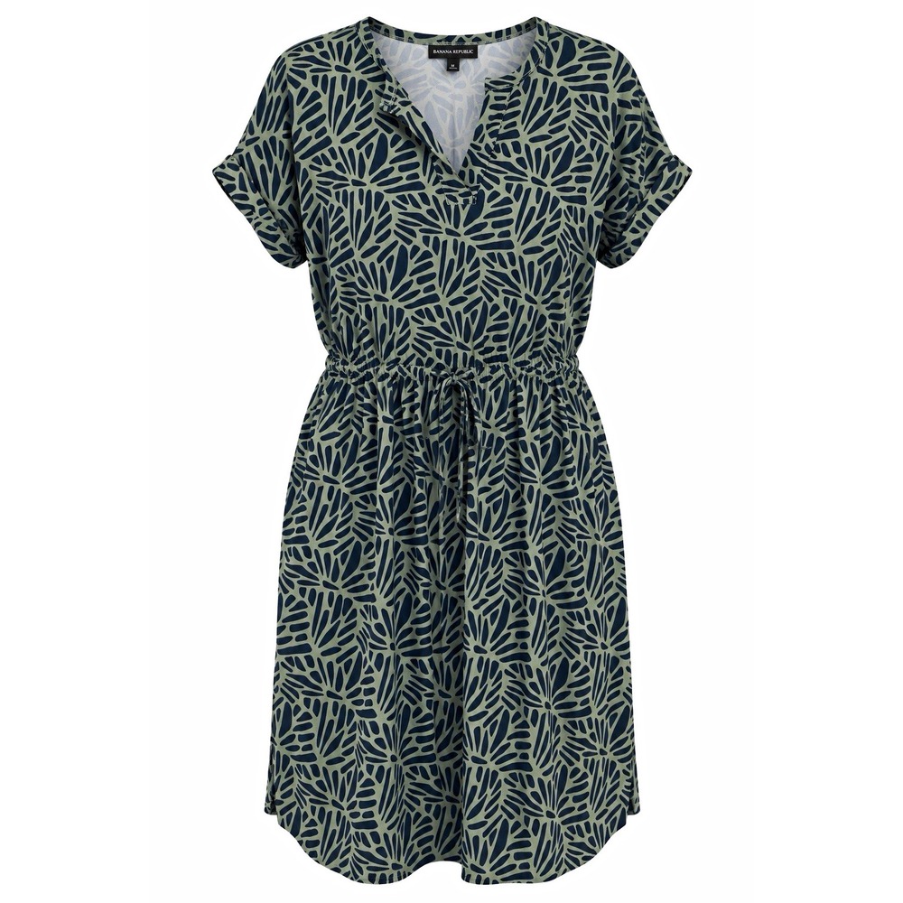 Banana Republic Women's Green Black Abstract V-Neck Dress Drawstring Pockets L